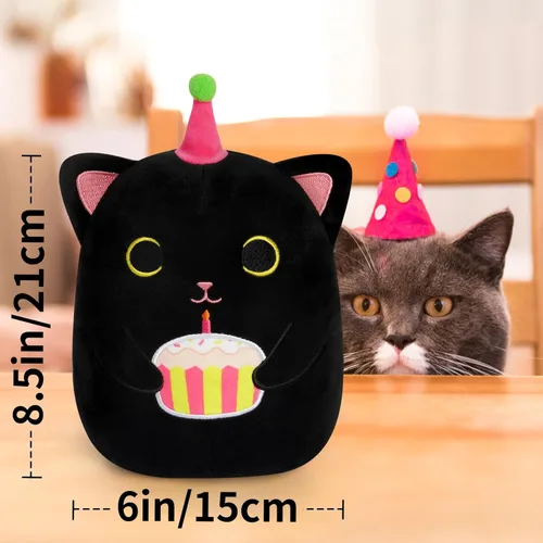 Vista 5 de Peluche de gato negro de 8 pulgadas con pastel, lindo regalo de cumpleaños negro para niñas, niños y gatos, decoración de la habitación del hogar