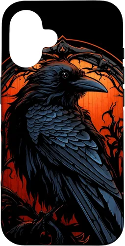 Vista 32 de Funda estética oscura para iPhone 17, diseño de cuervo gótico, diseño de pájaro de cuervo y pájaro oculto
