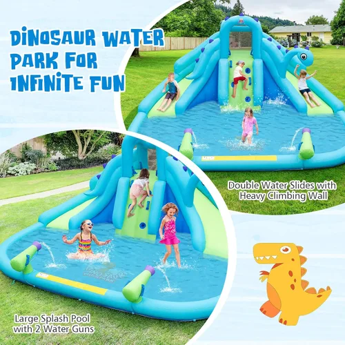 Vista 5 de BOUNTECH Parque inflable de tobogán acuático con dinosaurio, parque acuático de toboganes dobles con pared de escalada, castillo animoso