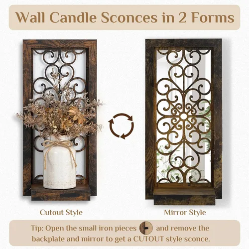 Vista 4 de Juego de 2 candelabros de pared con diseño de desplazamiento Portavelas de pared envejecida de madera tallada, sostiene velas de pilar o jarrones