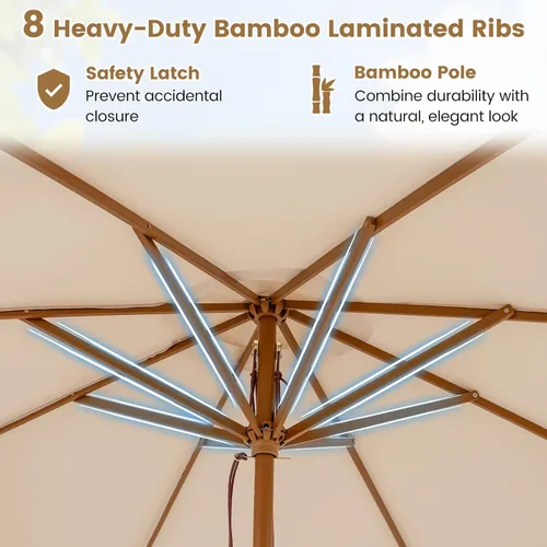 Vista 5 de HAPPYGRILL Sombrilla de patio de 9 pies, sombrilla de mercado para mesa al aire libre con 8 varillas de bambú resistentes, poste de madera, toldo