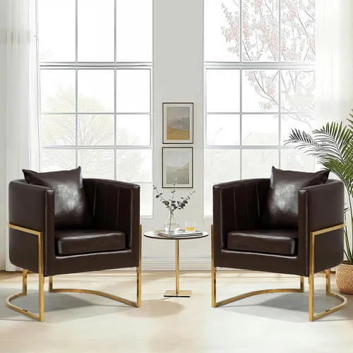 Vista 30 de Silla moderna de cuero, sillón tapizado de mediados de siglo con almohada para sala de estar, cómoda silla de tocador individual con patas doradas