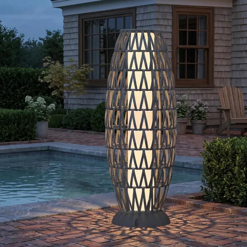 Vista 11 de Solar Yard Lámpara de pie para exteriores, luces de patio, farol con energía solar, resistente a la intemperie, luces de mimbre para terraza