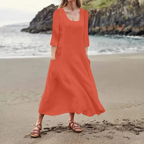 Vista 4 de Vestido largo de algodón sólido y manga corta para mujer de verano 2022, 0