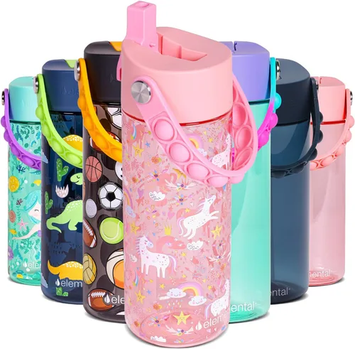 Vista 49 de Elemental Botellas de agua para niños – Botella de agua para niños Splash para la escuela con mango Pop-it – Botella de agua de plástico Tritan sin