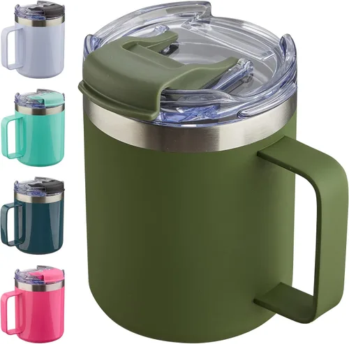 Vista 21 de Taza de café aislada de 12 onzas con asa, taza de café de viaje de acero inoxidable con tapa abatible, vaso de café de doble pared con aislamiento