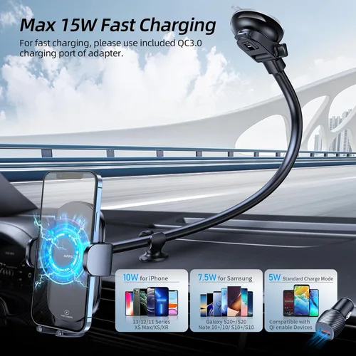 Vista 2 de APPS2Car Cargador inalámbrico de coche de 15 W de carga rápida para coche, cargador de coche inalámbrico para salpicadero, parabrisas, ventilación