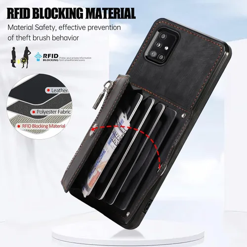 Vista 4 de Funda para teléfono Samsung Galaxy A71 5G con protector de pantalla de vidrio templado y correa cruzada para la muñeca, cordón para tarjeta de Negro