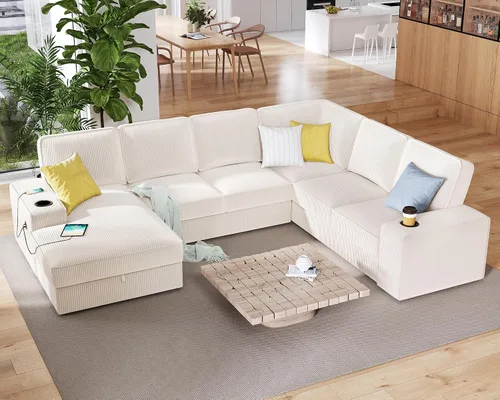 Vista 8 de PaPaJet Sofá en forma de U, sofá de gran tamaño de 112 pulgadas con diván de almacenamiento, sofá modular con portavasos y 2 puertos USB, sofá beige