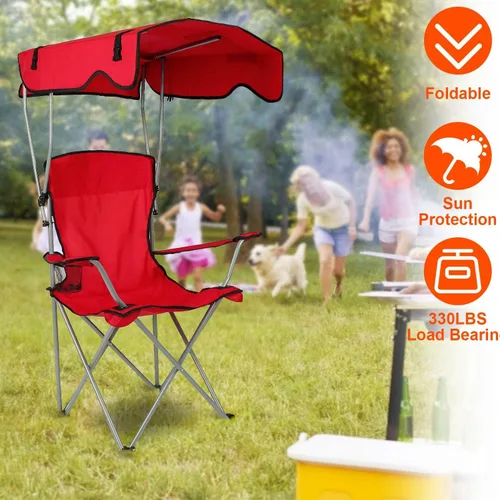 Vista 3 de iMounTEK Silla de campamento plegable con toldo para campamento con sombra, protección solar, sillón reclinable con bolsa de transporte, asiento
