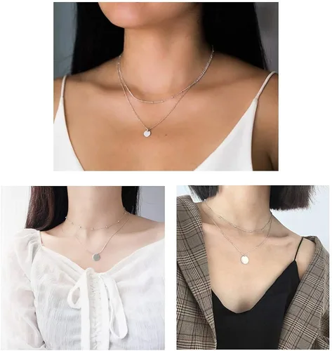 Vista 4 de Gargantilla con dije de disco en capas para mujeres y niñas, plata de ley 925, oro de 18 quilates, delicado collar de moneda con círculo de luna