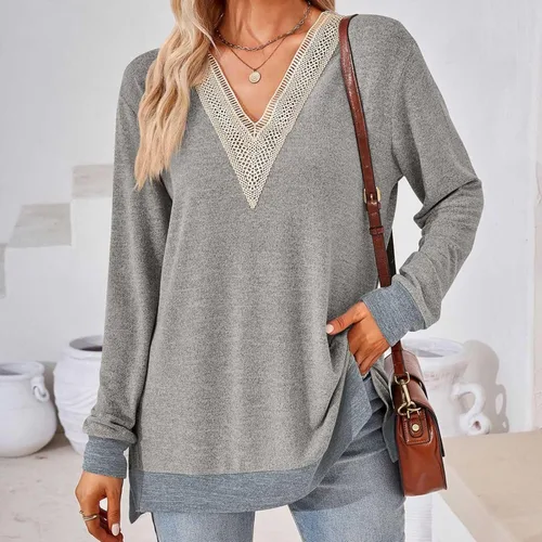 Vista 2 de Dressy Tops for Women 2023 Fall V Neck Long Sleeve T-Shirt Loose Fit Lace Trim Business Casual Split Comfy Shirts
