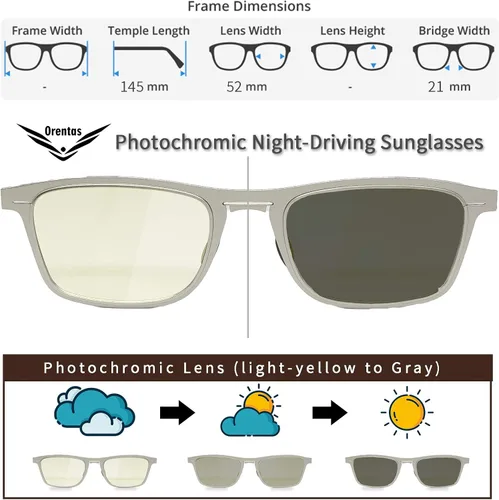 Vista 3 de OrentasPara mujeres y hombres, bloque de luz azul de metal ultrafino con sol fotocromático de conducción nocturna y lentes de sol