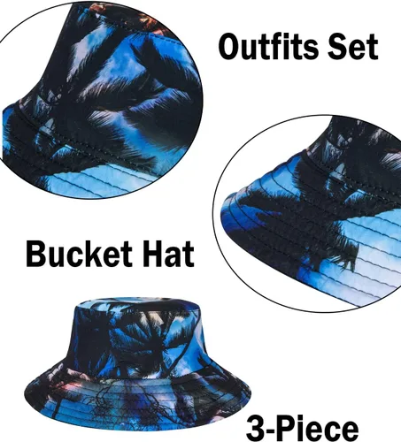 Vista 5 de TUNEVUSE Little & Big Boys - Conjunto de camisas hawaianas con botones y pantalones cortos con sombrero de pescador, trajes de verano estampados