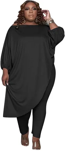 Vista 2 de Trajes de talla grande para mujer, conjuntos deportivos de manga larga con hombros inclinados, tops asimétricos, pantalones ajustados