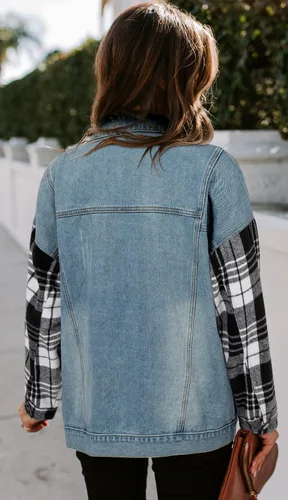 Vista 5 de SANMM Chaqueta de mezclilla con botones para mujer, ajuste regular, manga larga, elástica, con bolsillos