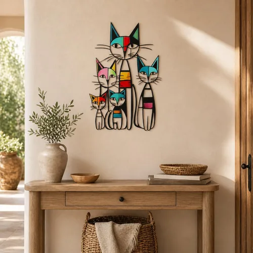 Vista 2 de Gcdaxour Decoración de pared de gato, esculturas de pared de hierro de metal, regalos para amantes de los gatos, colorido y único, retro de mediados
