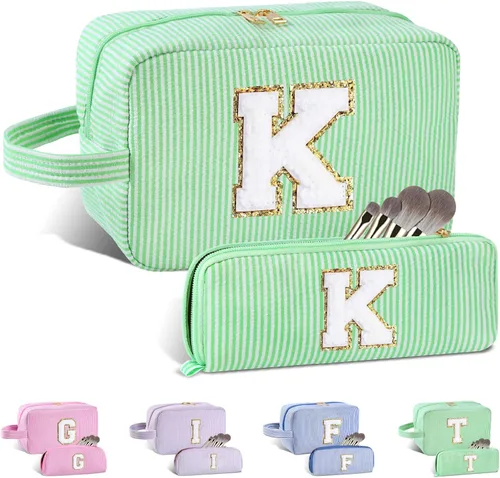 Vista 178 de Bolsa de maquillaje personalizada con inicial A-Z para mujeres, niñas y niños, bolsa de aseo de viaje, bolsa de maquillaje preparada, bolsa