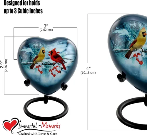 Vista 4 de Cardinal Birds - Urna de recuerdo de corazón, mini urna de corazón para cenizas de pareja cardenal, acogedora urna de corazón compartiendo