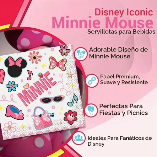 Vista 4 de Unique Disney Iconic Minnie Mouse - Servilletas de papel para bebidas, 5 x 5 pulgadas, 16