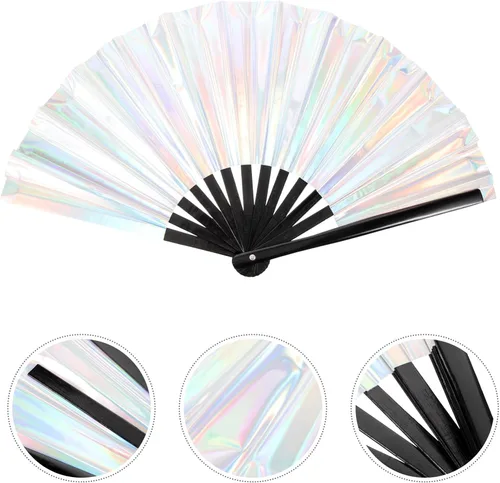 Vista 2 de EXCEART Abanico plegable para rave, ventilador de mano plegable holográfico chino japonés de bambú para festivales de Halloween, fiestas
