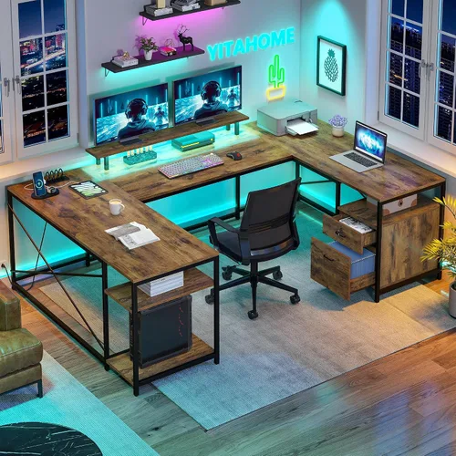 Vista 9 de YITAHOME Escritorio en Forma de U con Tomas de Corriente y Luces LED, Escritorio Reversible en Forma de L de 79" con Cajones, Escritorio de Esquina