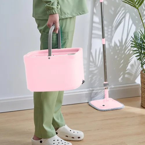Vista 4 de Trapeador giratorio y cubo con compartimentos separados para agua limpia y sucia, versión mejorada 2025 con cepillo lateral y mango de pie