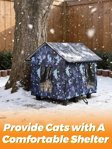 Vista 5 de Casa elevada aislada para gatos al aire libre resistente a la intemperie, 20 x 19 x 17 pulgadas, parte superior de PVC impermeable y forro