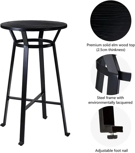 Vista 2 de Glitzhome Juego de mesa y sillas de comedor, mesa redonda de acero negro con parte superior de madera de olmo sólido y taburetes de bar de cuero