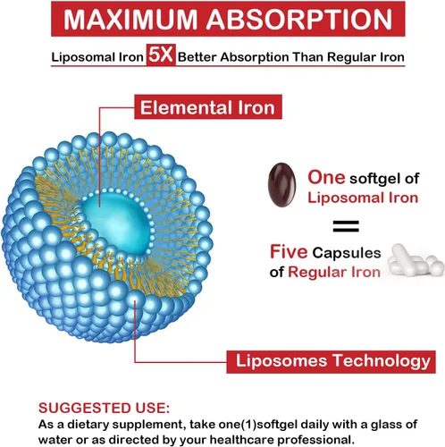 Vista 3 de Suplemento liposomal de hierro Fe para mujeres, suplemento de hierro de 65 mg con ácido fólico y vitamina B12 para hombres, apoyo diario de sangre