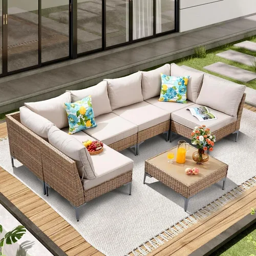 Vista 7 de JOYURE Juego de muebles de mimbre para patio, sofá biplaza de conversación al aire libre con mesa auxiliar, sofá de exterior para todo tipo de clima