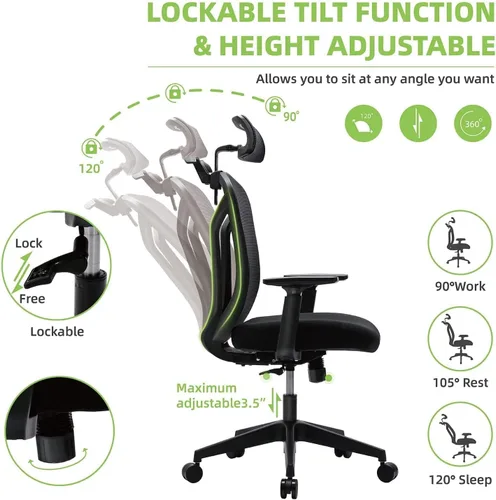 Vista 7 de Silla de oficina con respaldo alto, silla ergonómica de malla, silla de escritorio para el hogar, reposacabezas ajustable, silla ejecutiva