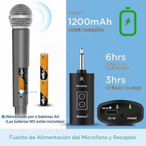 Vista 4 de Bietrun Micrófono inalámbrico, juego de micrófonos UHF de mano, dinámicos, de metal, inalámbricos, con receptor recargable, salida de 1/4