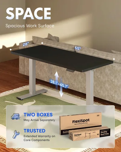 Vista 6 de FLEXISPOT EN1 Escritorio eléctrico de pie de una pieza de 55 x 28 pulgadas, mesa de pie para computadora de oficina en casa, escritorio ajustable