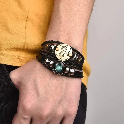 Vista 2 de Pulsera de cuero trenzado a mano con 12 cuentas de constelación para hombre, estilo retro, 2