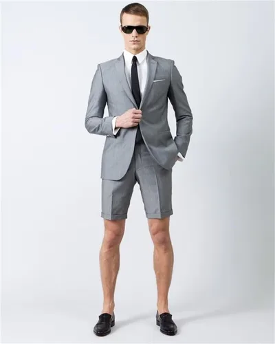 Vista 4 de Wangyue Traje de 2 piezas para hombre, pantalones cortos ajustados para hombre, casual, verano, playa, boda, baile de graduación, cena