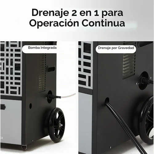 Vista 3 de Deshumidificador comercial de 105 pintas para sótanos y espacios industriales - Bomba integrada, manguera de drenaje, funcionamiento continuo