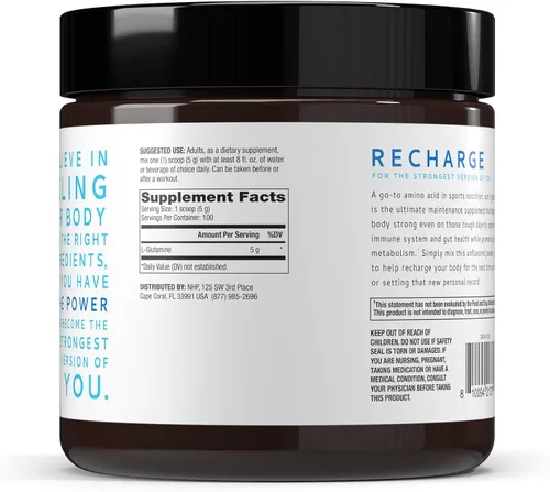 Vista 2 de Pure Power L-glutamina, sin sabor, 17.6 oz (500 g), 100 porciones (1 tarro), 0.18 oz por porción, sin OMG, certificado NSF para deportes, Dr. Mercola