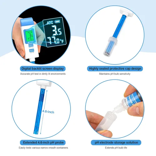 Vista 6 de Medidor de pH para Agua Probador de pH Digital con Sonda de pH de 4.6in Medidor de pH de Laboratorio Lector de pH con ATC para Enlatado Kit