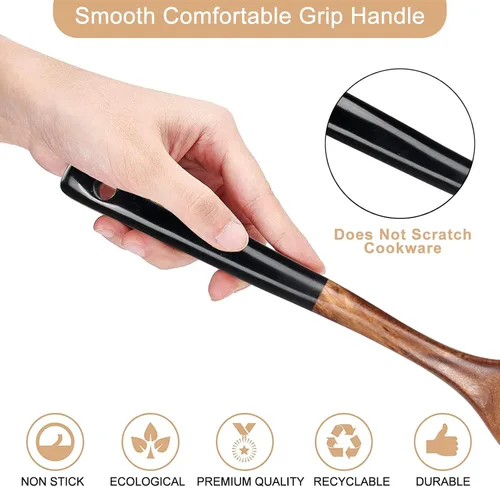 Vista 5 de 2 piezas de juego de espátulas de madera para cocinar Utensilios de cocina de teca no tóxicos sin BPA, espátula ranurada para panqueques, espátula 2