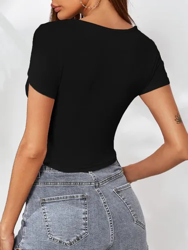 Vista 4 de Hilinker Camiseta corta de manga corta con cuello redondo y estampado de letras para mujer