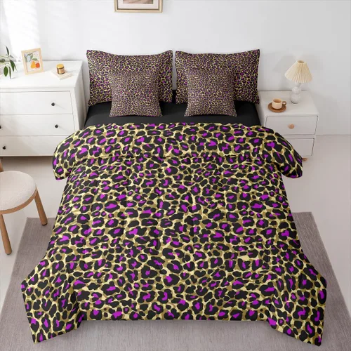 Vista 6 de Erosebridal Juego de edredón de 7 piezas con estampado de leopardo, tamaño Queen, juego de ropa de cama súper suave con estampado de guepardo, juego