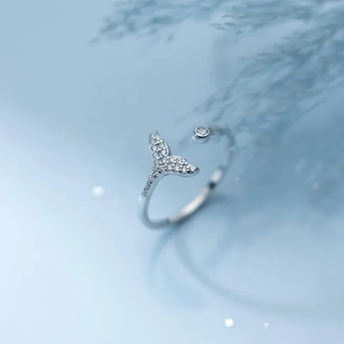 Vista 2 de Anillo de plata de ley 925 con forma de cola de sirena con circonita cúbica, anillo de compromiso de plata de ley 925, ajustable, con diamantes