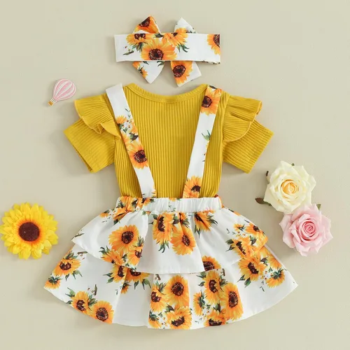 Vista 4 de Mubineo Ropa de verano para bebé niña, trajes lindos de manga corta, mameluco de manga corta, vestido con diadema, 3 piezas, traje para recién nacido