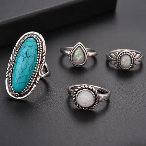 Vista 8 de Juego de anillos bohemios de turquesa para mujer, anillos apilables vintage para nudillos, anillos ovalados con piedras preciosas de piedra gruesa