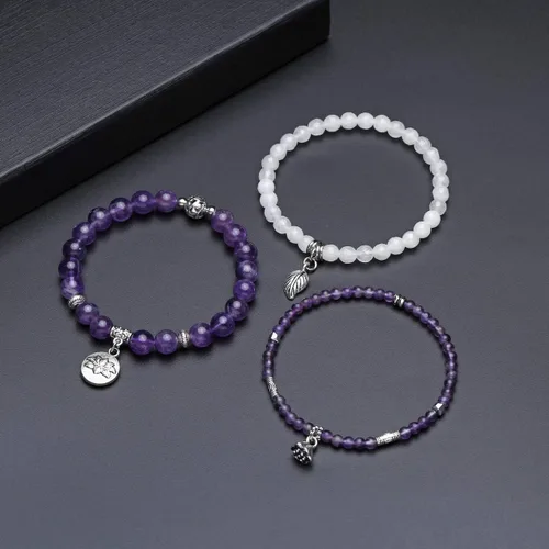 Vista 3 de Jovivi - 3 pulseras de cuentas de cristal de cuarzo rosa amatista para chakras, energía natural de curación, cuentas de loto, piedra reiki