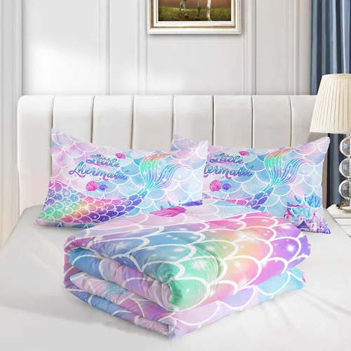 Vista 4 de Juego de ropa de cama Datura Home con edredón estampado de cola de sirena arcoíris, con 1 edredón y 2 fundas de almohada para dormitorio de niñas