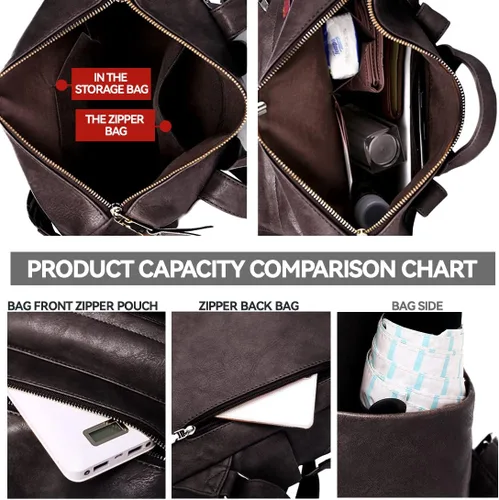 Vista 4 de Mochila de cuero para mujer, grande, diseño de viaje, bolso convertible para la universidad, 3- marrón, Mochila casual de gran capacidad para mujer