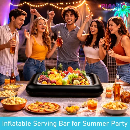Vista 5 de Barra inflable para servir, juegos de servir ensaladas, bar, bufé, alimentos, bebidas, mesa inflable para piscina, bandeja de hielo fácil de inflar
