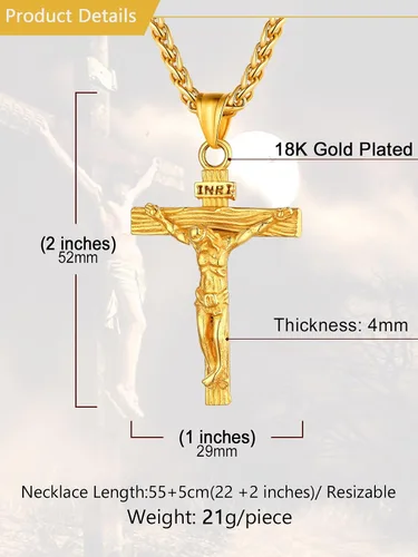 Vista 5 de U7 Colgante de cruz de crucifijo para hombre con cadena de bautismo, joyería cristiana, acero inoxidable, oro de 18 quilates, collar antiguo